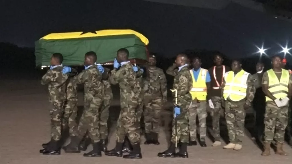 The Remains Of Ghanaian Military Personnel Killed In The Helicopter Crash Arrive Accra The Capital City