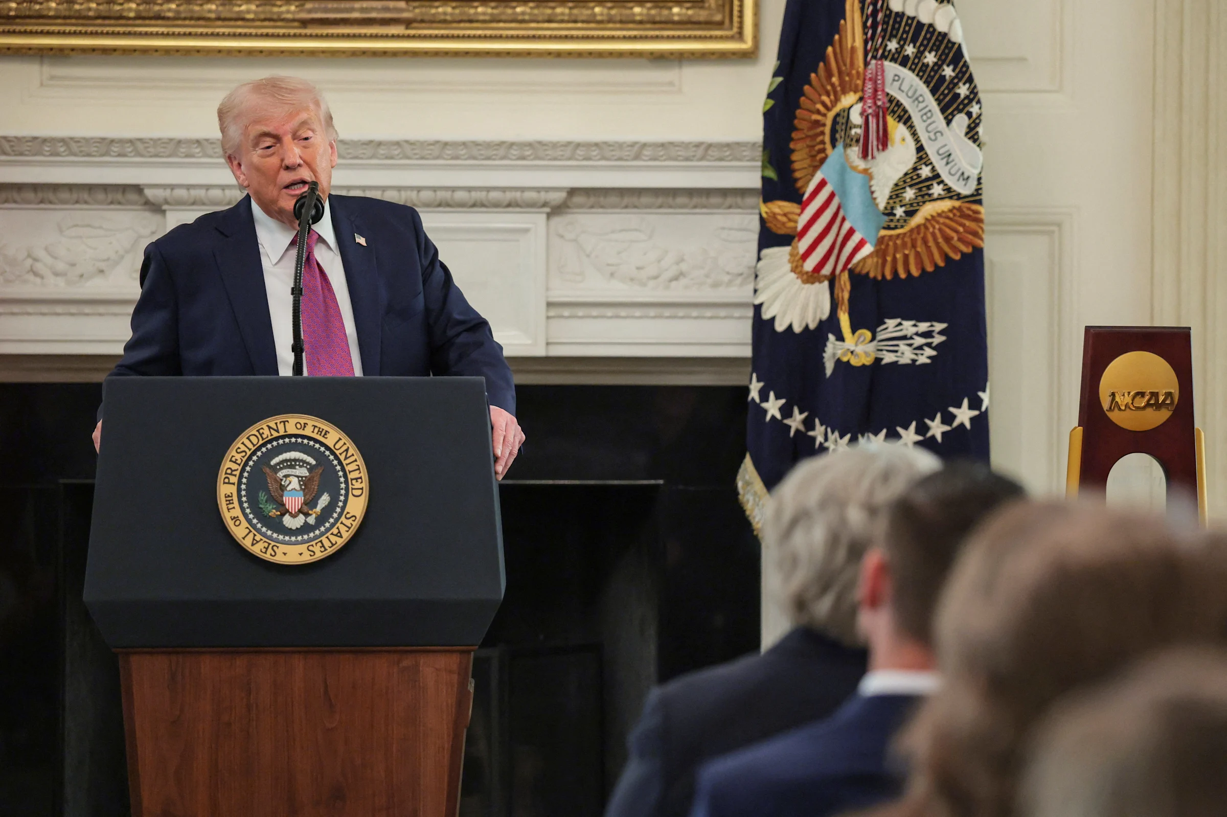 President Donald Trump Delivers Remarks To Ncaa Collegiate National Champions In The State Dining Room At The White House In Washington D.c. U.s. April 21 2026